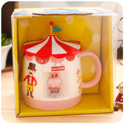 默默爱创意卡通喝水陶瓷马克杯带盖 可爱奶茶咖啡牛奶杯 大水杯子