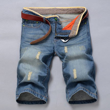 夏薄款五分裤男 直筒修身韩版潮破洞牛仔短裤 青少年大码5分中裤