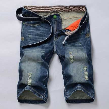 夏薄款五分裤男 直筒修身韩版潮破洞牛仔短裤 青少年大码5分中裤