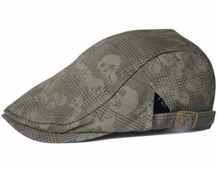 择信春夏时尚薄款骷髅头格子印花贝雷帽韩版潮流鸭舌帽户外休闲帽