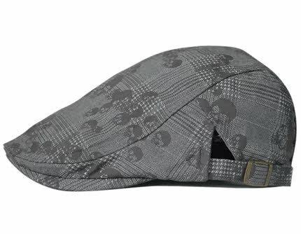 择信春夏时尚薄款骷髅头格子印花贝雷帽韩版潮流鸭舌帽户外休闲帽