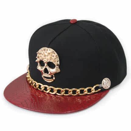 择信欧美朋克风金色皮帽檐带链条骷髅头铆钉嘻哈棒球帽街舞平沿帽
