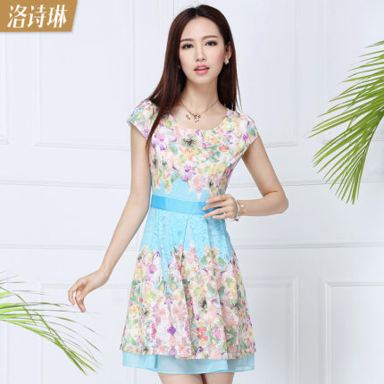 LUXLEAD洛诗琳2014夏装女装新款清新收腰显瘦A字印花蕾丝连衣裙