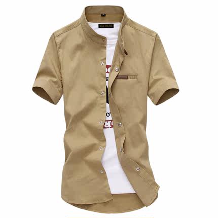 标题优化:夏季潮男士短袖衬衫男半袖寸衫纯白色立领衬衣男韩版修身打底衫