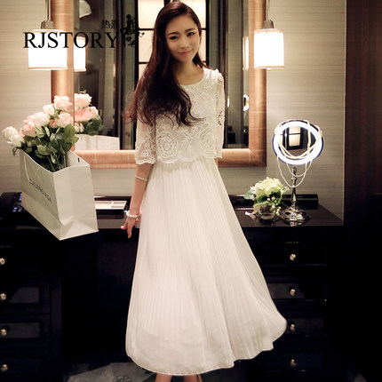 标题优化:2015春夏外套新款韩版潮中袖白色蕾丝长裙连衣裙气质仙女秋冬女装