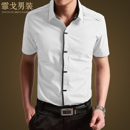 标题优化:韩版春夏季短袖衬衫男士休闲薄款衬衣男装修身商务纯棉型男潮流白