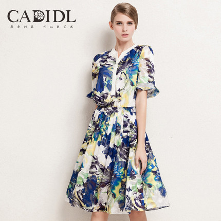 标题优化:CADIDL卡迪黛尔2015气质修身中长款连衣裙中袖夏季刺绣印花大摆裙