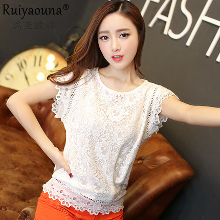 标题优化:2015夏季新款韩版女装衬衫短袖蕾丝衫白色打底衫上衣夏装女雪纺衫