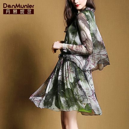 标题优化:丹慕2015夏装新款气质优雅活性印染假两件套雪纺真丝连衣裙501347