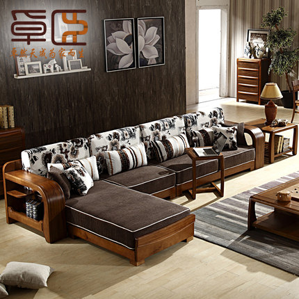 卓臣 实木沙发组合 现代中式实木家具 客厅转角白蜡木质布艺沙发
