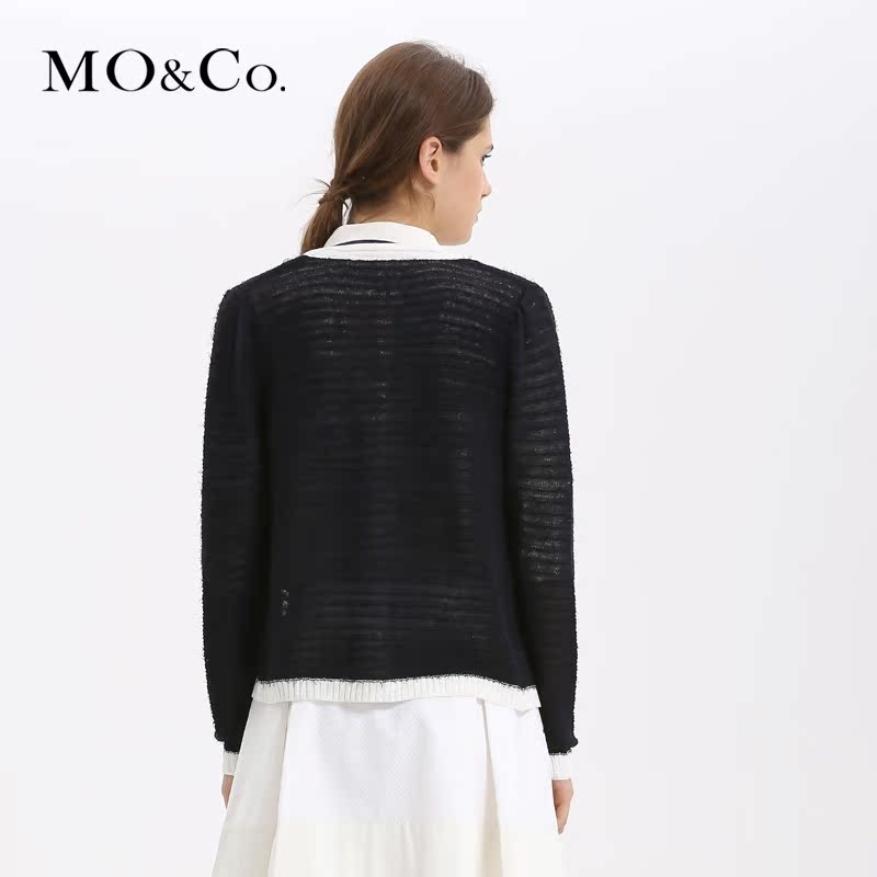 mo&co.春季女装经典款拼接开襟针织衫 通勤 m131jey26 moco