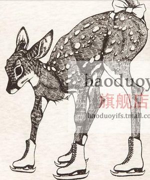 蝴蝶结滑雪梅花鹿素描图案印花浅灰色圆领绒衣