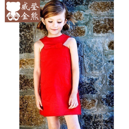标题优化:威登金熊女童2015夏装新品裙子儿童纯棉衬裙 红色裙子无袖公主裙