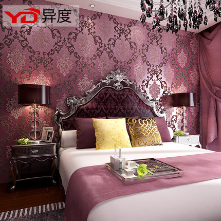 European luxury purple 3D stereoscopic thick non-woven flocking wallpaper Damascus cozy bedroom living room wallpaper